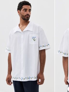 Fanm Mon White Short-Sleeve Camp Shirt with Blue Floral Embroidery